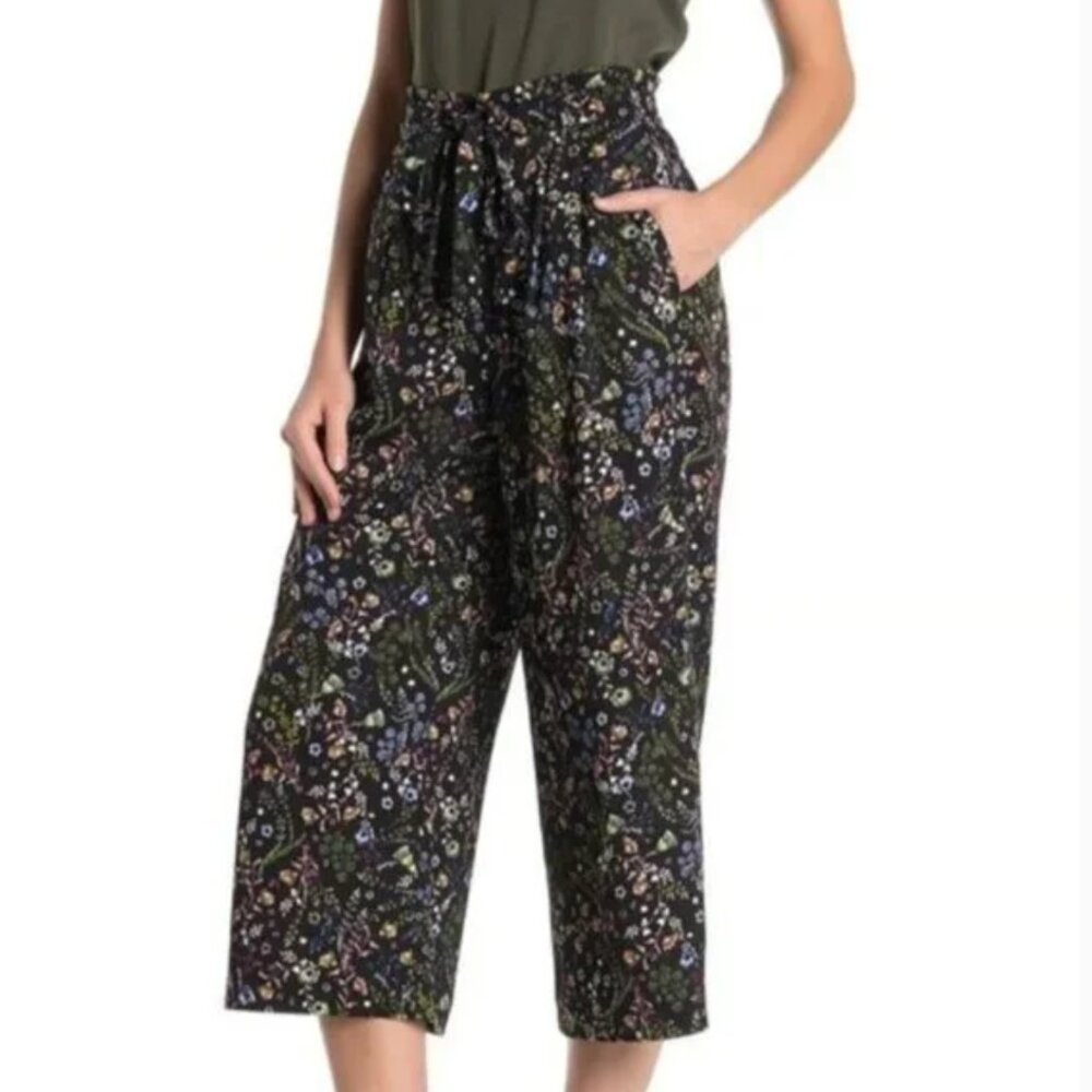 Daniel Rainn DR2 Belted Cropped Wide Leg Pants - Black/Floral Print, Small